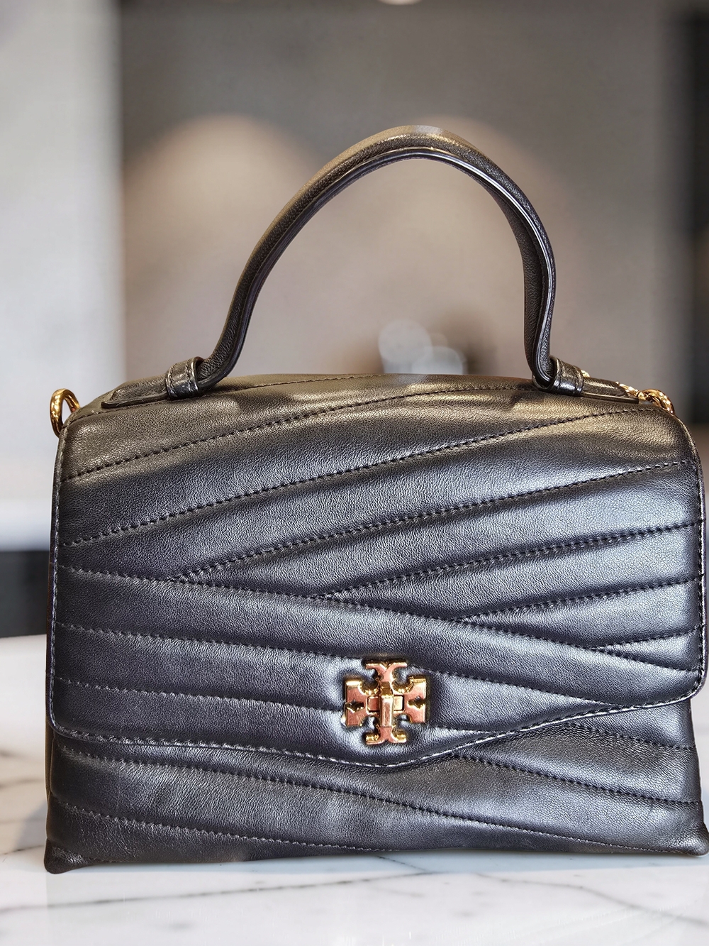Tory Burch Black Leather Kira Chevron Top-Handle Satchel Bag